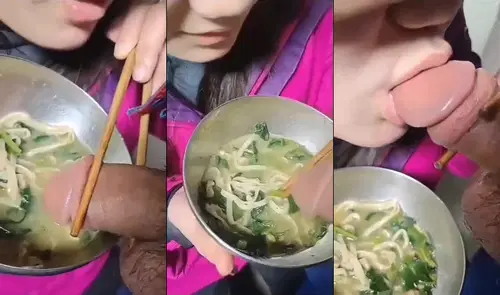 Unik Banget! Cewek Makan Mie Sambil Celupin Kontol ke Kuah untuk Dihisap